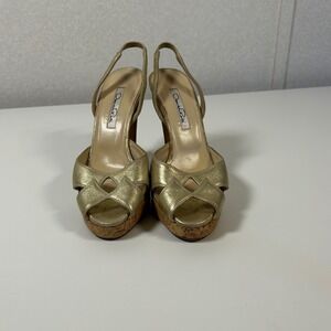 Oscar de la Renta Gold Metallic Cork Platform Slingback Heels Sandals Size 35.5